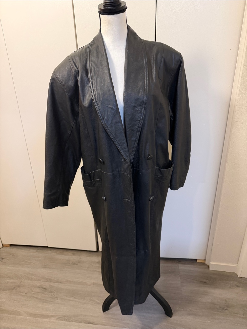 Women's Black Leather Long Trench Coat